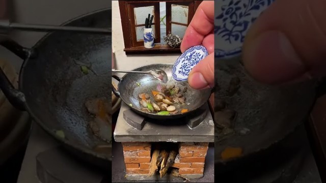 'Mini Real Food Cooking (Fried meat with mushrooms) | Fully Functional Miniature Kitchen'