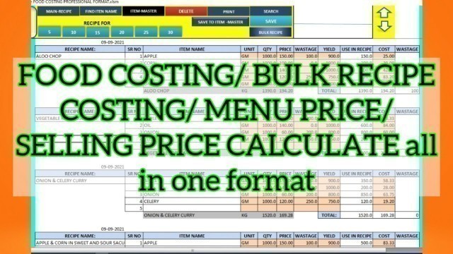 'FOOD COSTING/ BULK RECIPE COSTING/ MENU COSTING/ MENU PRICING all in one Format'